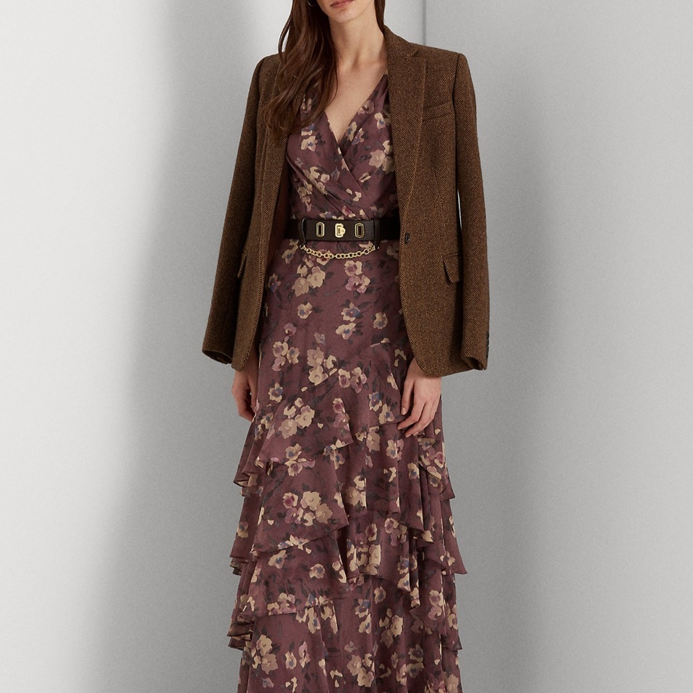 COPY - Floral Ruffle Maxi Dress with Brown Blazer